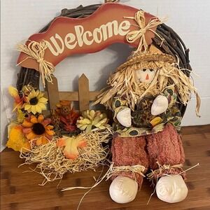 Fall Harvest Scarecrow Welcome‎ Wreath Autumn Decor Country Home Accent